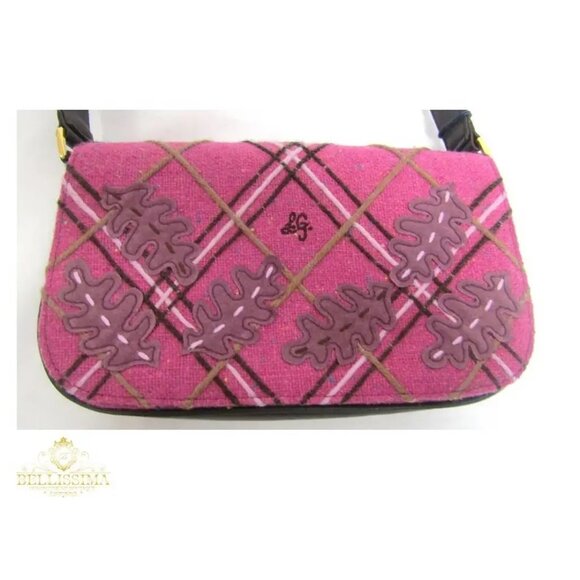 Lulu Guinness Fuchsia Tweed Applique Oak Leaves Maggy Brown Shoulder Bag - Picture 5 of 11